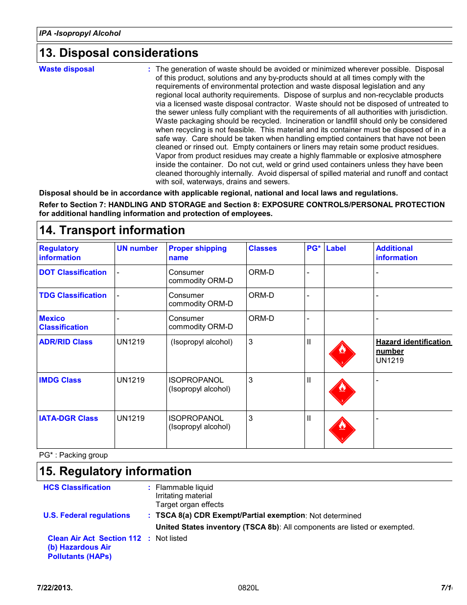 Disposal considerations, Transport information, Regulatory information | Chemtronics IPA - Isopropyl Alcohol ES820L User Manual | Page 7 / 10
