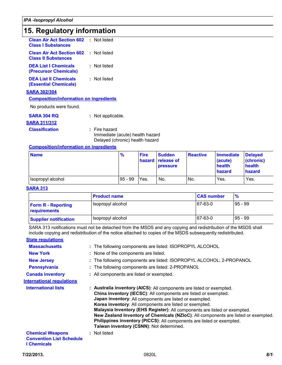 Regulatory information | Chemtronics IPA - Isopropyl Alcohol ES820L User Manual | Page 8 / 10