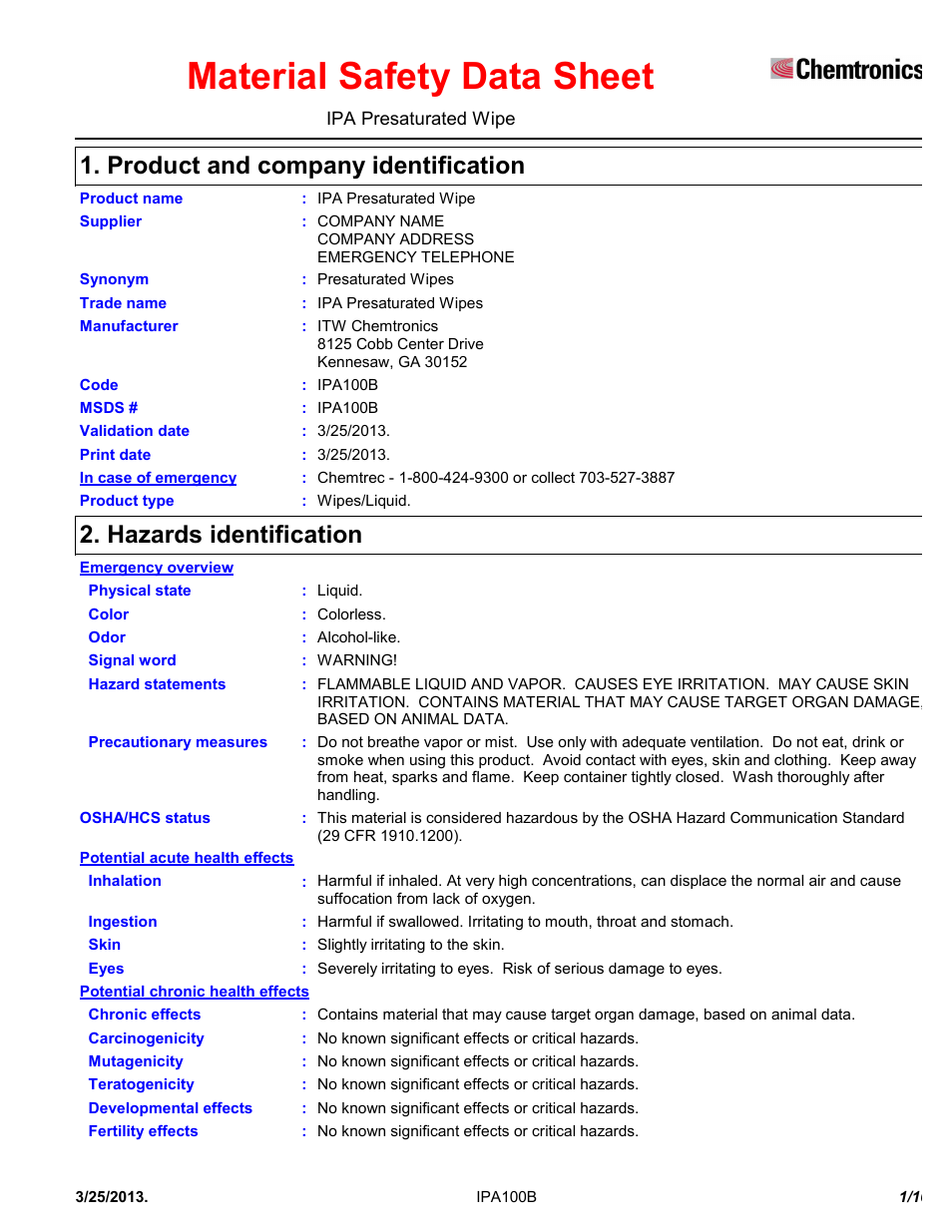 Chemtronics IPA Presaturated Wipes IPA100B User Manual | 10 pages
