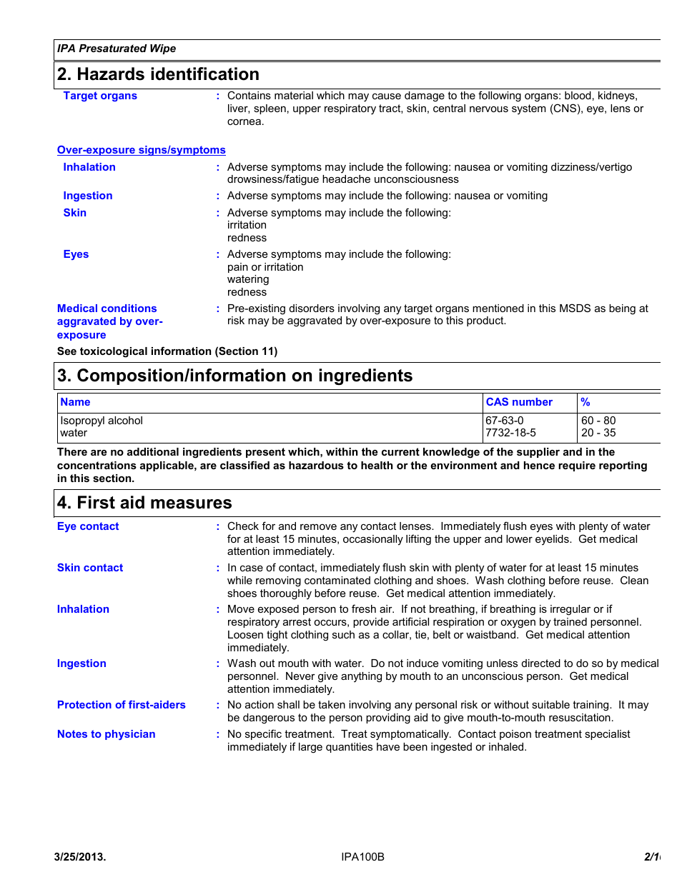 Hazards identification, Composition/information on ingredients, First aid measures | Chemtronics IPA Presaturated Wipes IPA100B User Manual | Page 2 / 10