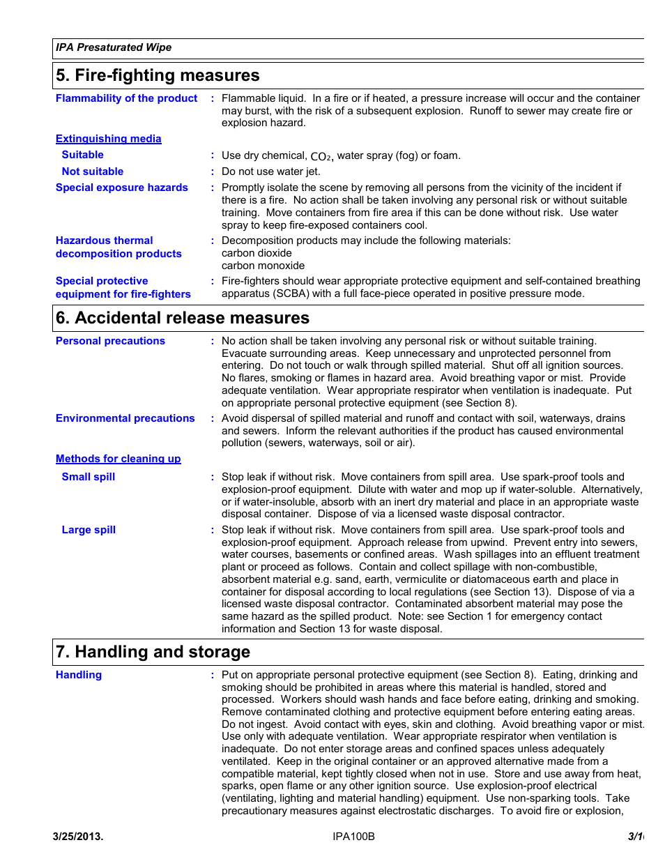 Fire-fighting measures, Accidental release measures, Handling and storage | Chemtronics IPA Presaturated Wipes IPA100B User Manual | Page 3 / 10