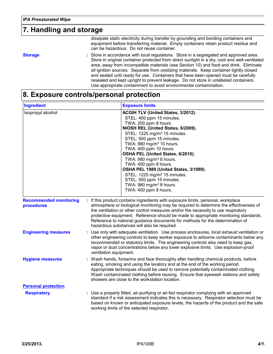 Handling and storage, Exposure controls/personal protection | Chemtronics IPA Presaturated Wipes IPA100B User Manual | Page 4 / 10