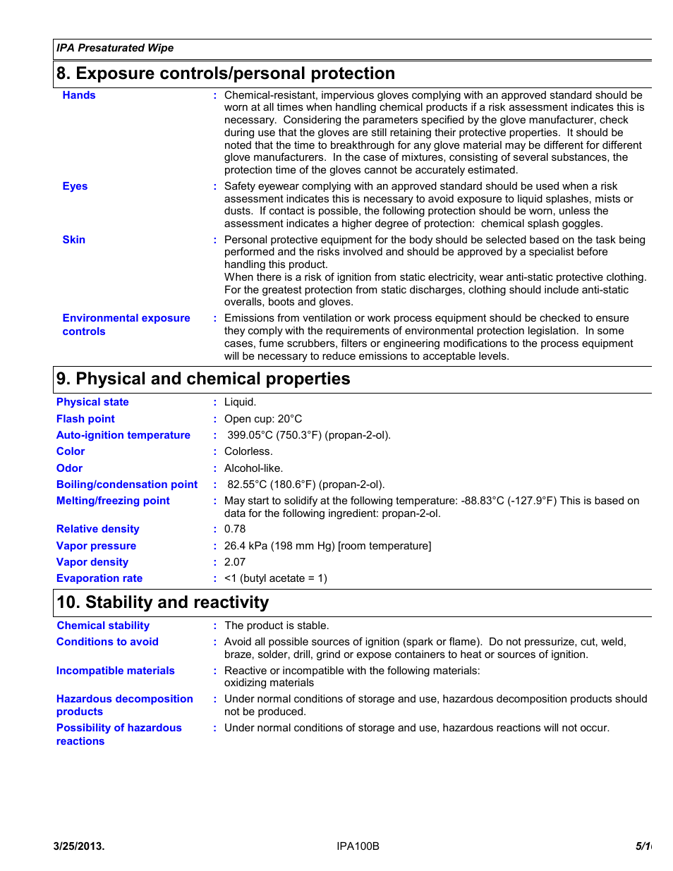 Exposure controls/personal protection, Physical and chemical properties, Stability and reactivity | Chemtronics IPA Presaturated Wipes IPA100B User Manual | Page 5 / 10