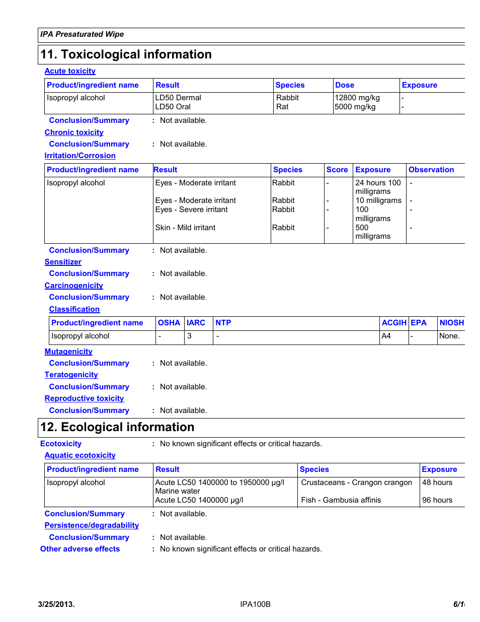 Toxicological information, Ecological information | Chemtronics IPA Presaturated Wipes IPA100B User Manual | Page 6 / 10