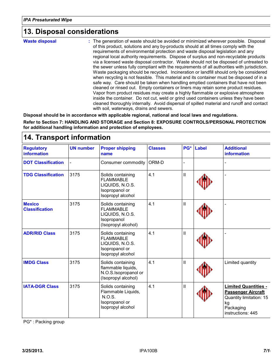 Disposal considerations, Transport information | Chemtronics IPA Presaturated Wipes IPA100B User Manual | Page 7 / 10