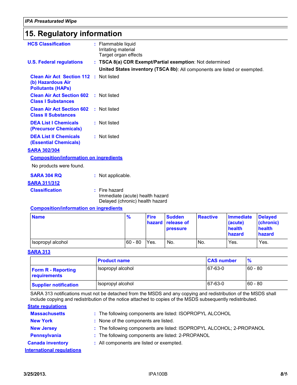 Regulatory information | Chemtronics IPA Presaturated Wipes IPA100B User Manual | Page 8 / 10