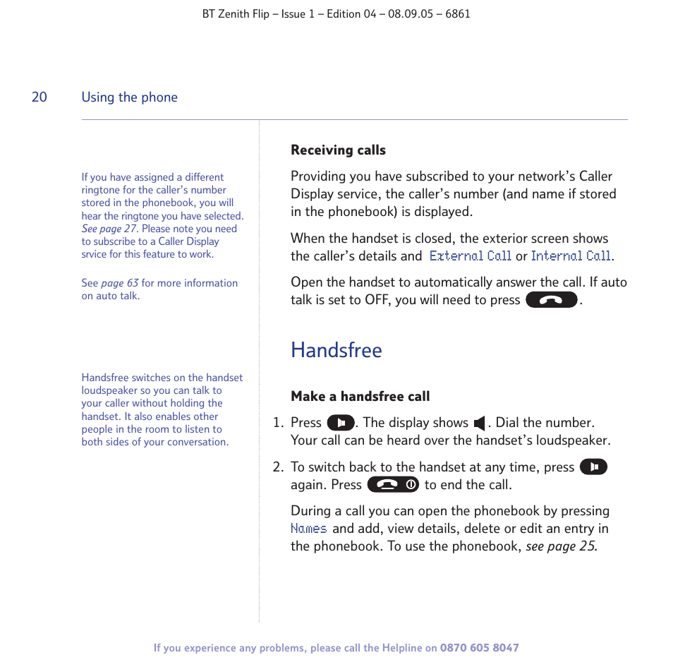 Handsfree | BT Zenith Flip 6861 User Manual | Page 20 / 88