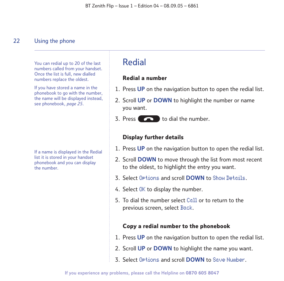 Redial | BT Zenith Flip 6861 User Manual | Page 22 / 88