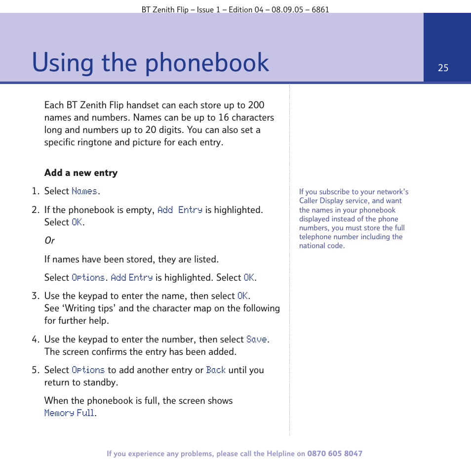 Using the phonebook | BT Zenith Flip 6861 User Manual | Page 25 / 88