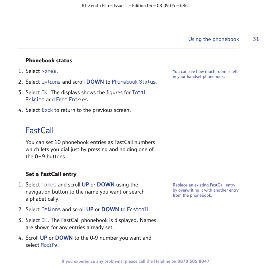 Fastcall | BT Zenith Flip 6861 User Manual | Page 31 / 88
