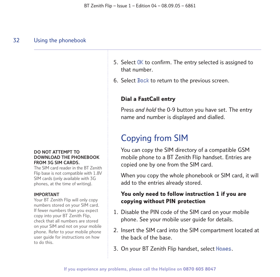 Copying from sim | BT Zenith Flip 6861 User Manual | Page 32 / 88