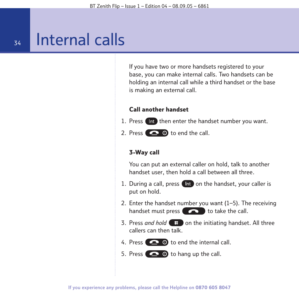 Internal calls | BT Zenith Flip 6861 User Manual | Page 34 / 88