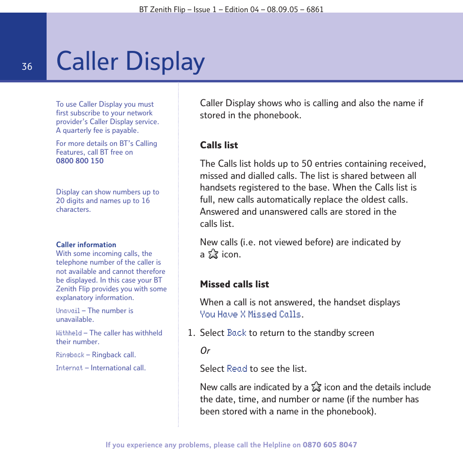 Caller display | BT Zenith Flip 6861 User Manual | Page 36 / 88