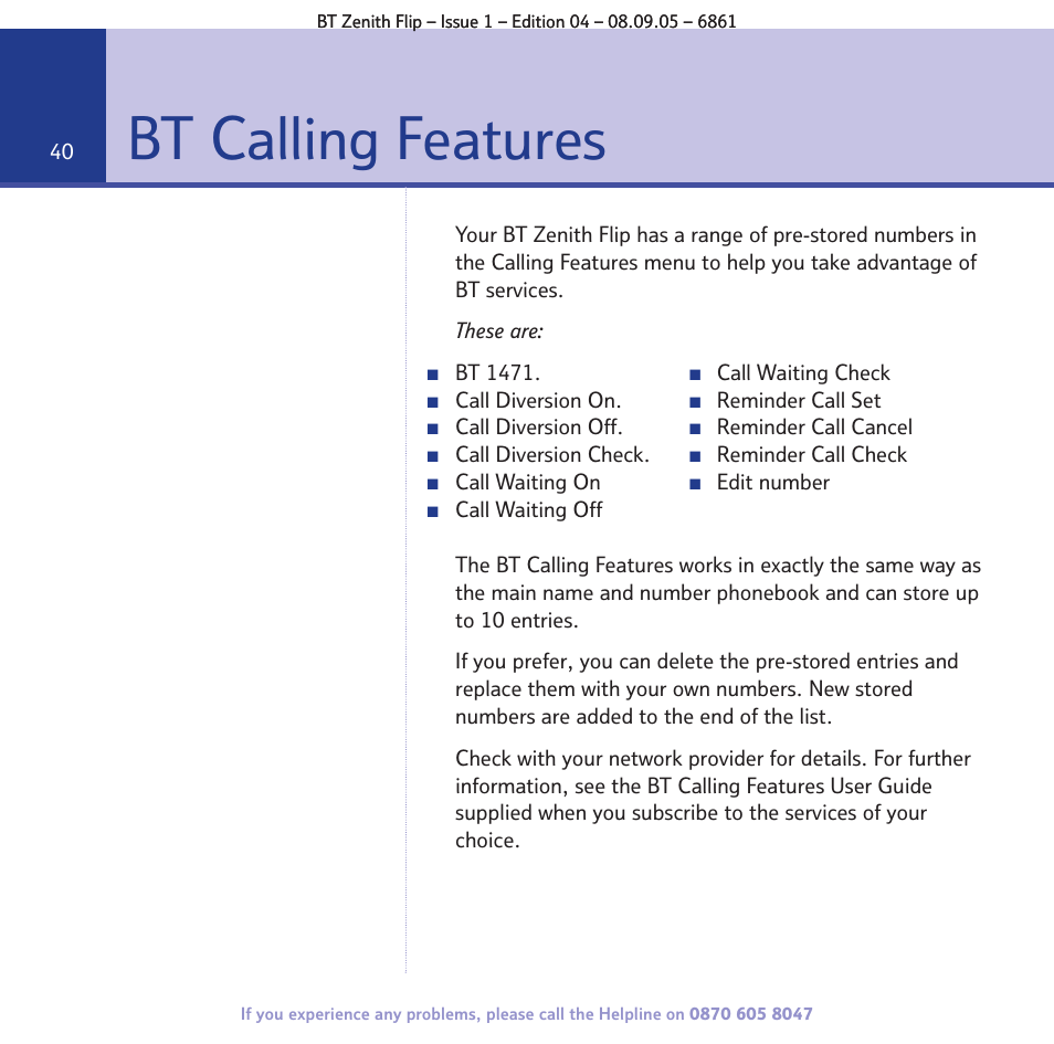 Bt calling features | BT Zenith Flip 6861 User Manual | Page 40 / 88