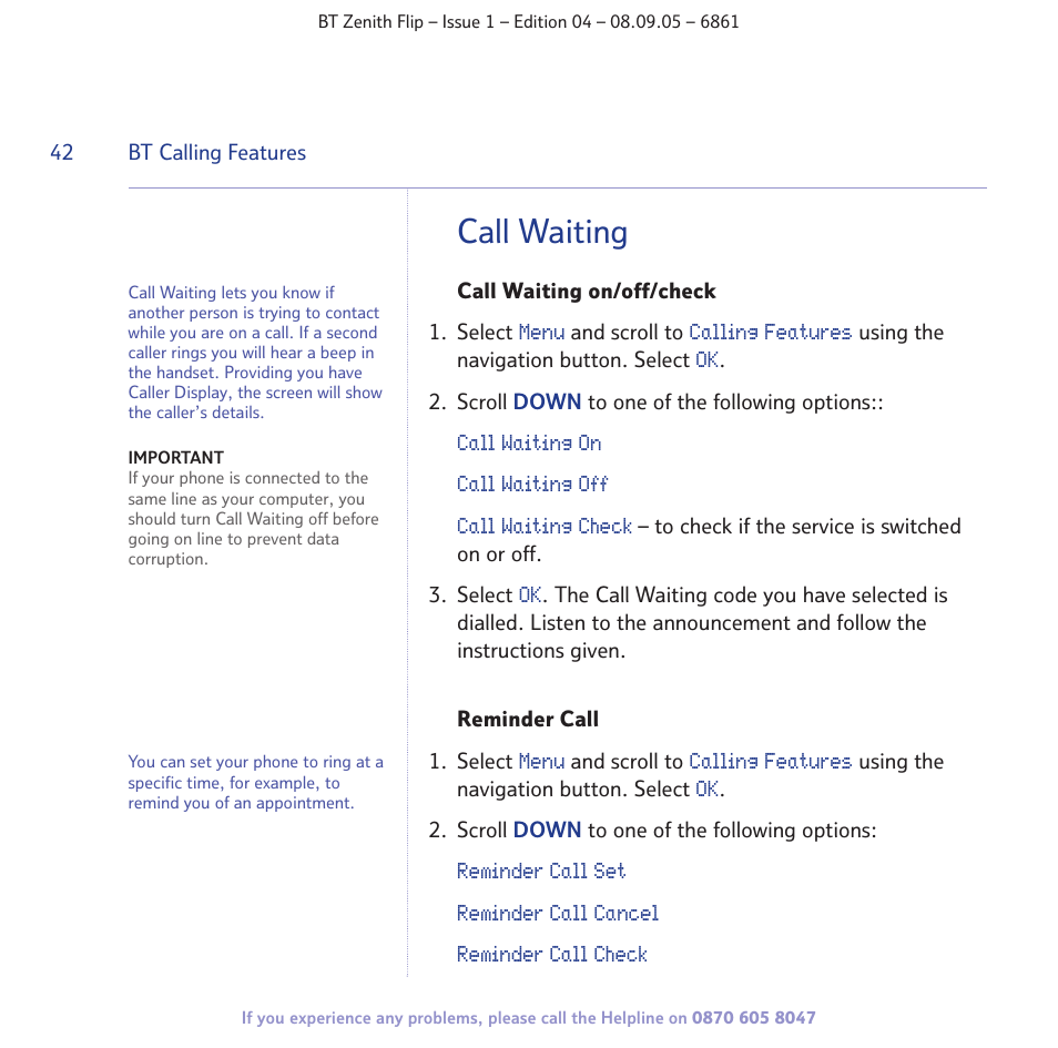 Call waiting | BT Zenith Flip 6861 User Manual | Page 42 / 88