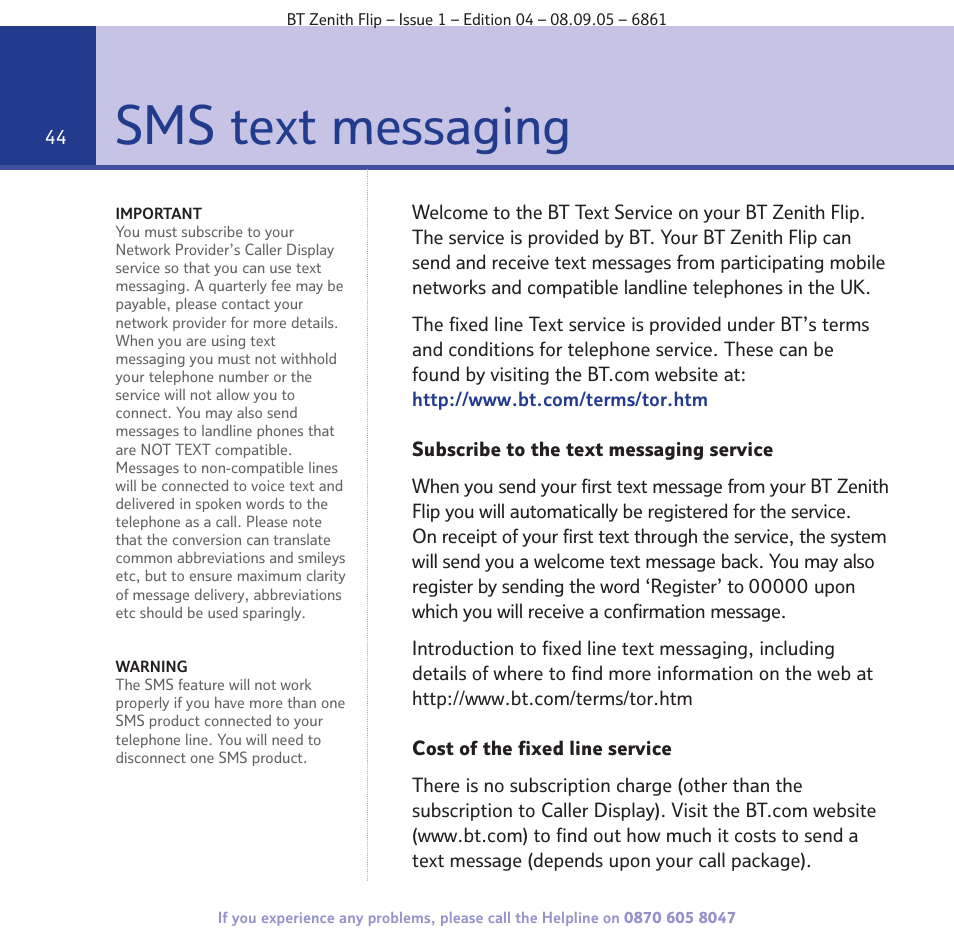 Sms text messaging | BT Zenith Flip 6861 User Manual | Page 44 / 88