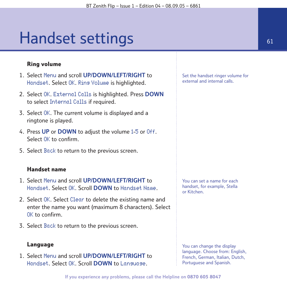 Handset settings | BT Zenith Flip 6861 User Manual | Page 61 / 88