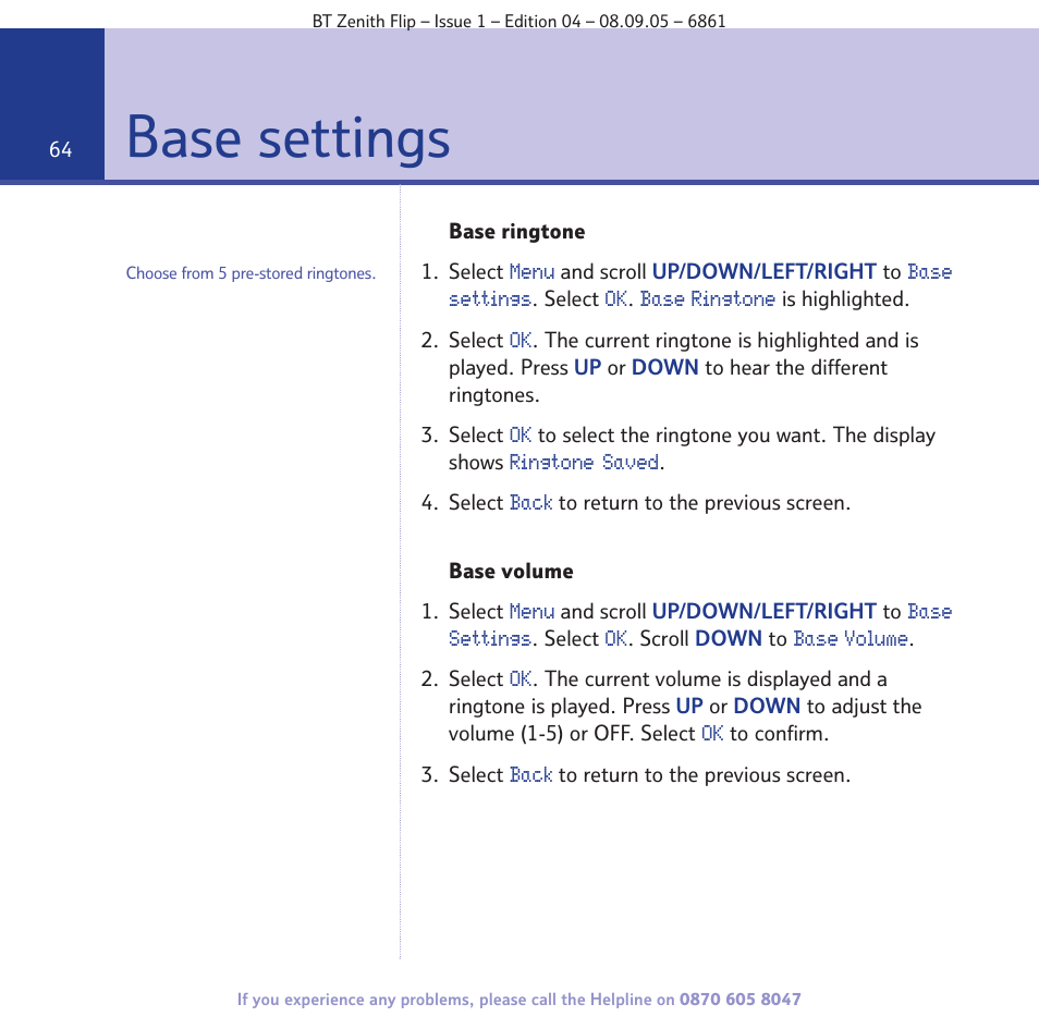 Base settings | BT Zenith Flip 6861 User Manual | Page 64 / 88