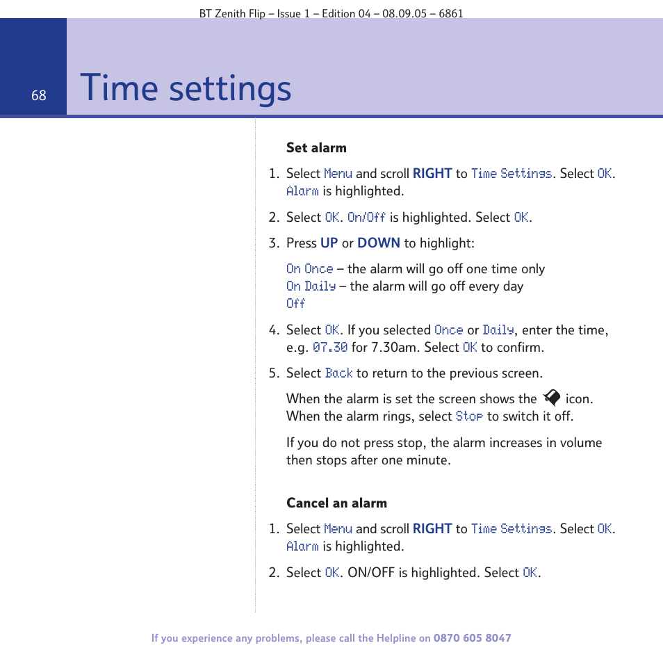 Time settings | BT Zenith Flip 6861 User Manual | Page 68 / 88