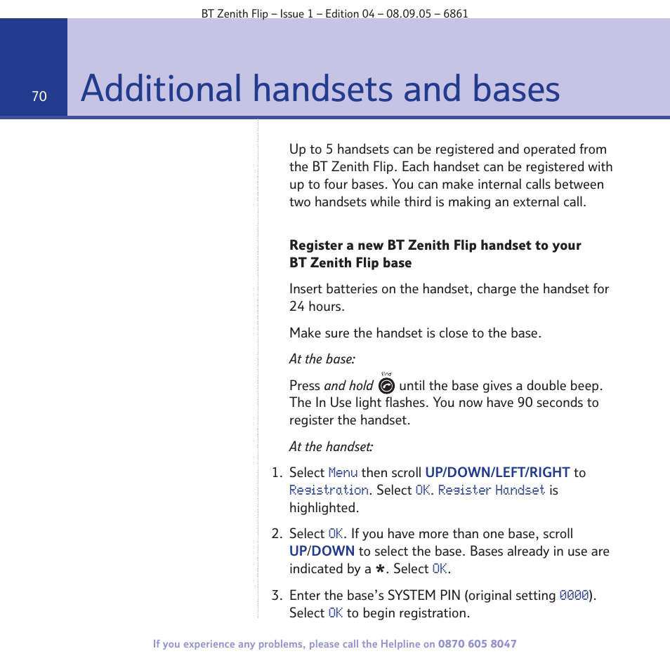 Additional handsets and bases | BT Zenith Flip 6861 User Manual | Page 70 / 88