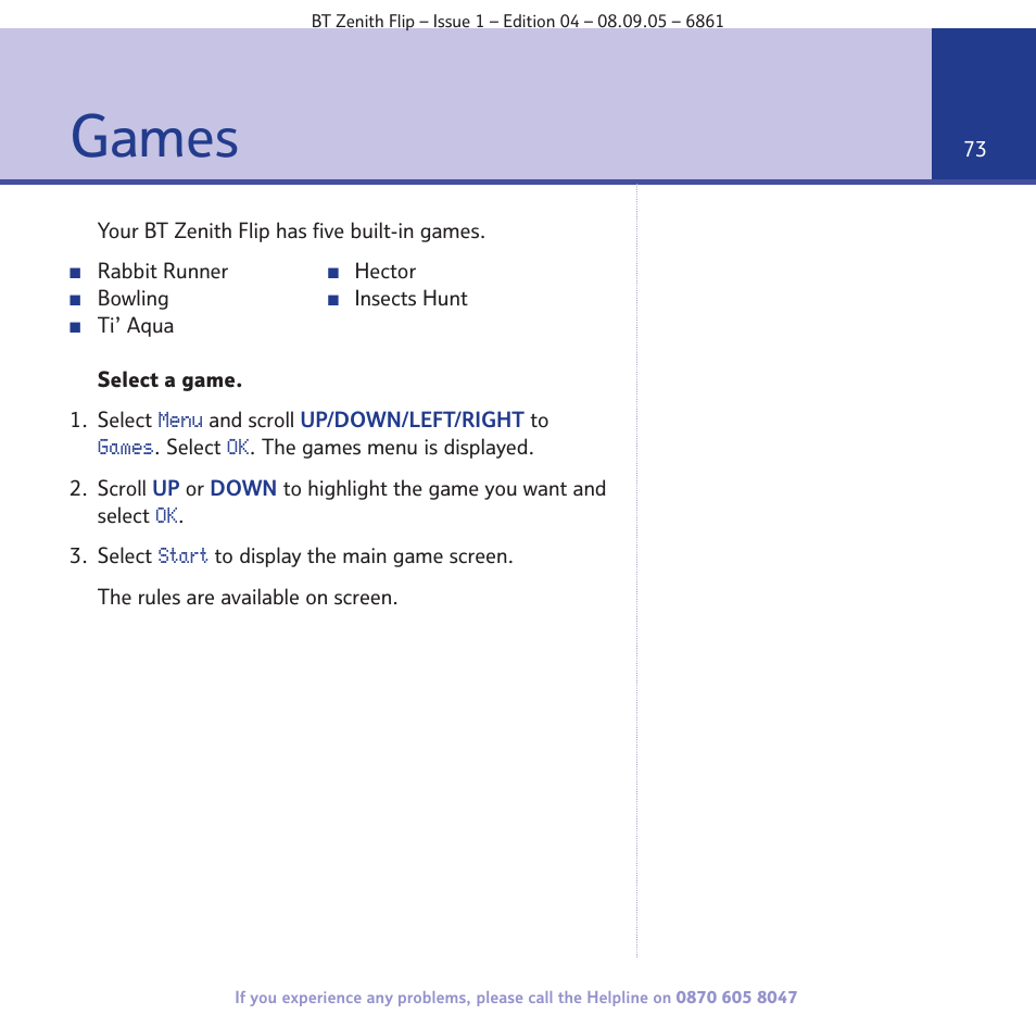 Games | BT Zenith Flip 6861 User Manual | Page 73 / 88