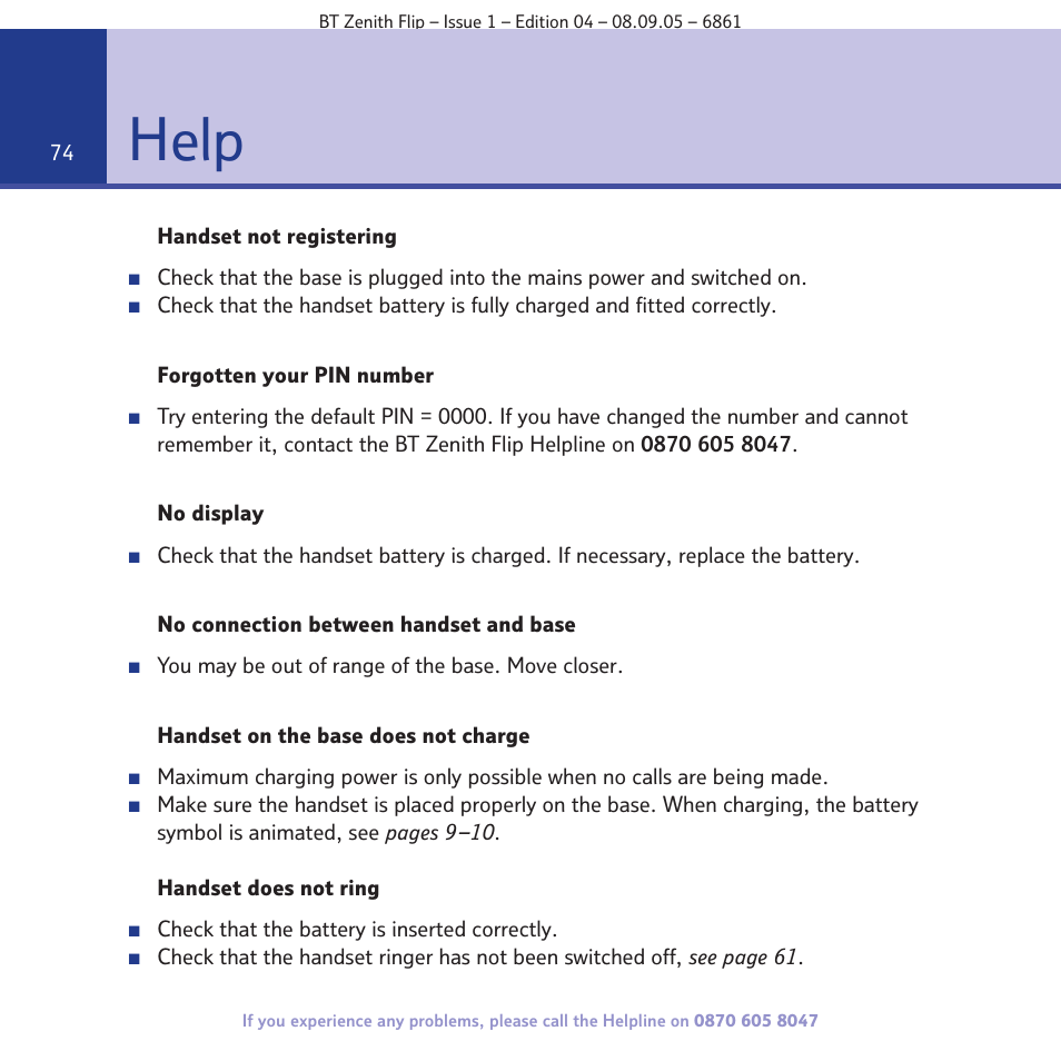 Help | BT Zenith Flip 6861 User Manual | Page 74 / 88