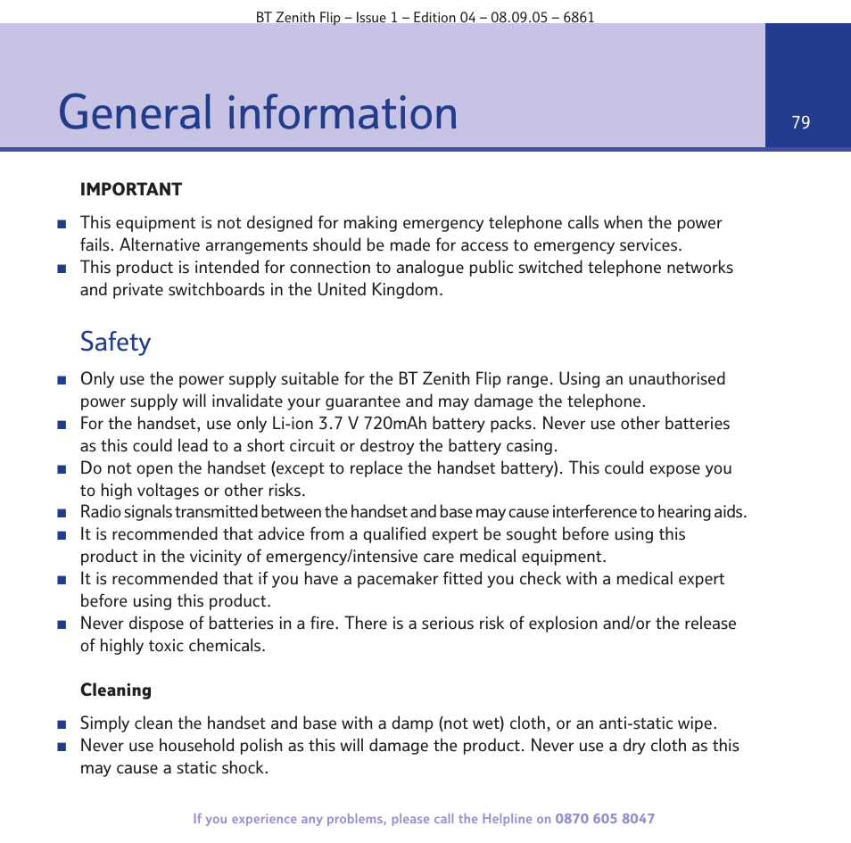 General information, Safety | BT Zenith Flip 6861 User Manual | Page 79 / 88