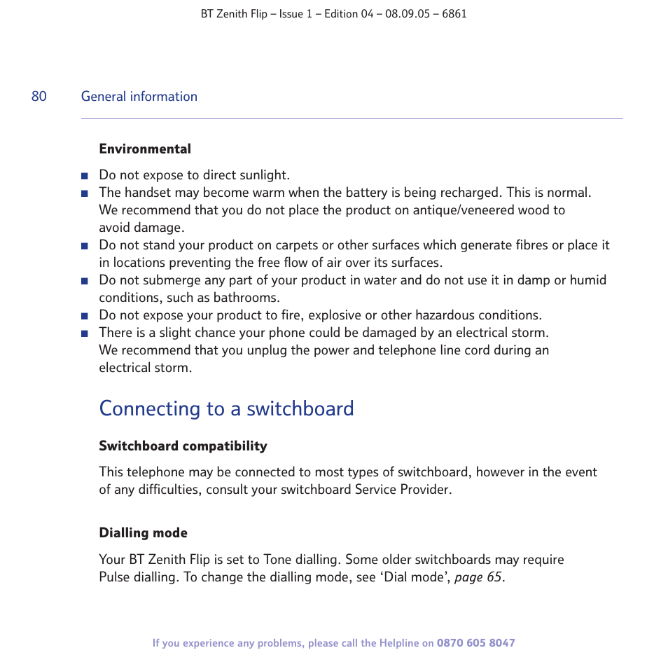 Connecting to a switchboard | BT Zenith Flip 6861 User Manual | Page 80 / 88