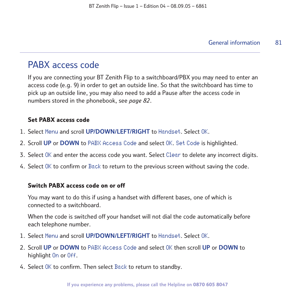 Pabx access code | BT Zenith Flip 6861 User Manual | Page 81 / 88