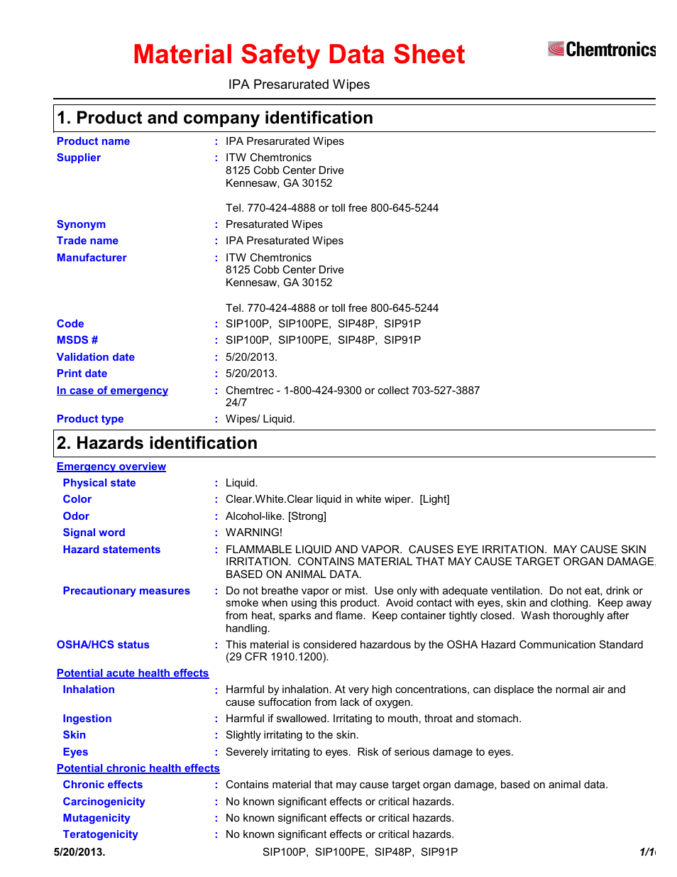 Chemtronics IPA Presaturated Wipes SIP91P User Manual | 10 pages