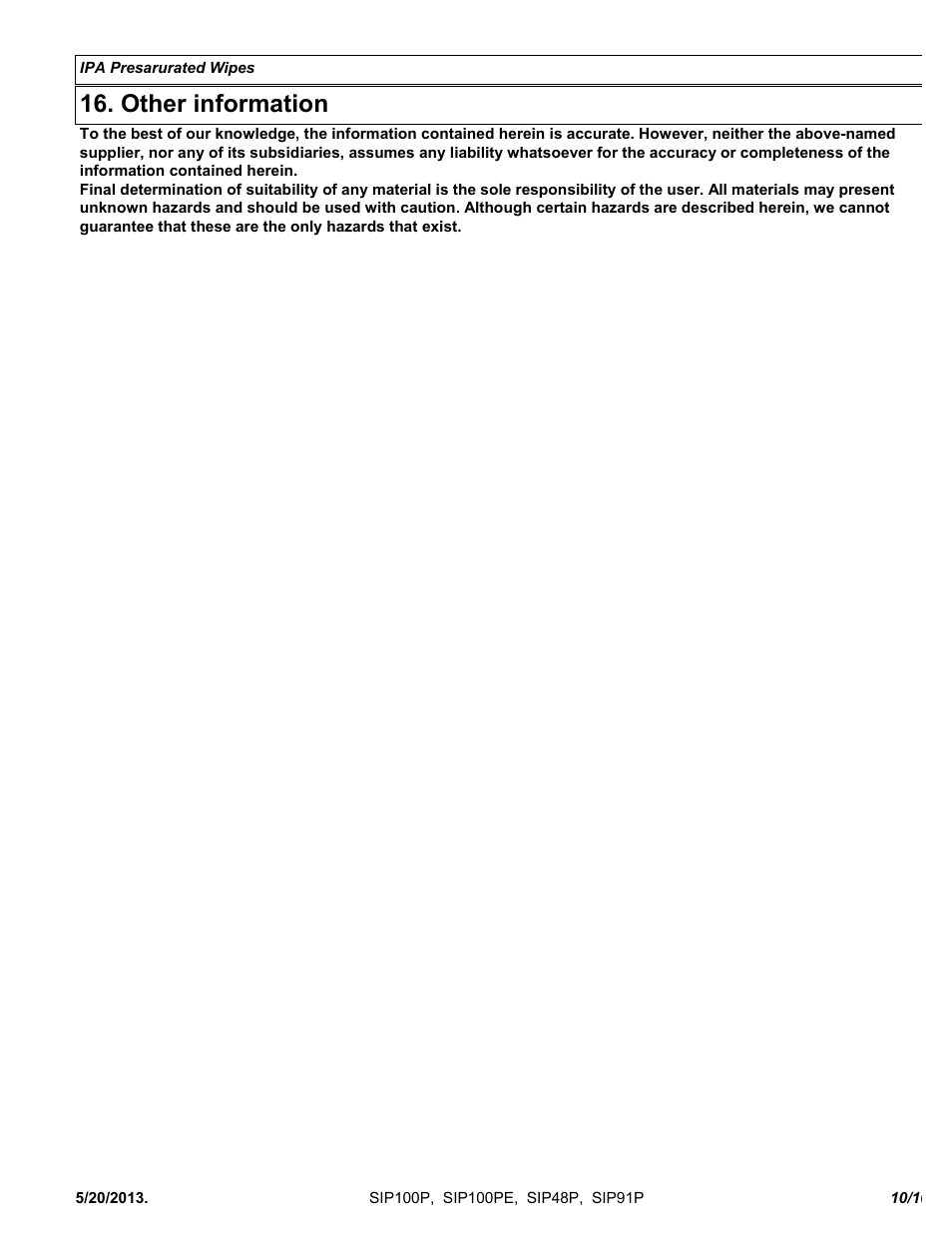 Other information | Chemtronics IPA Presaturated Wipes SIP91P User Manual | Page 10 / 10