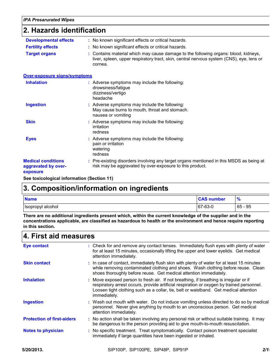Hazards identification, Composition/information on ingredients, First aid measures | Chemtronics IPA Presaturated Wipes SIP91P User Manual | Page 2 / 10