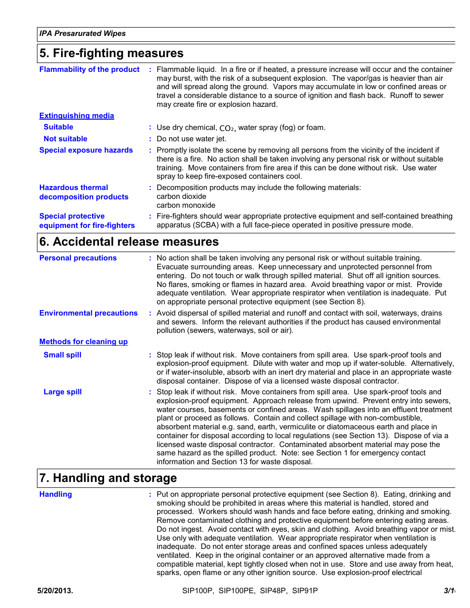 Fire-fighting measures, Accidental release measures, Handling and storage | Chemtronics IPA Presaturated Wipes SIP91P User Manual | Page 3 / 10