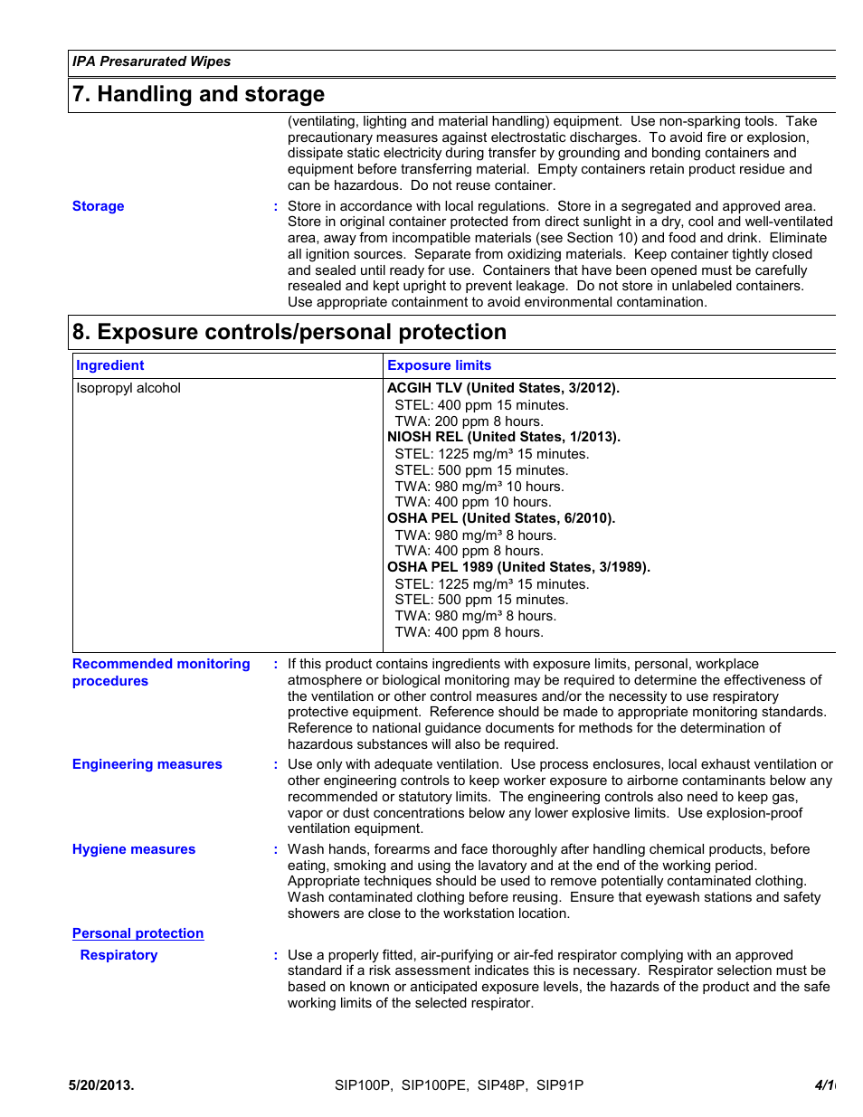 Handling and storage, Exposure controls/personal protection | Chemtronics IPA Presaturated Wipes SIP91P User Manual | Page 4 / 10