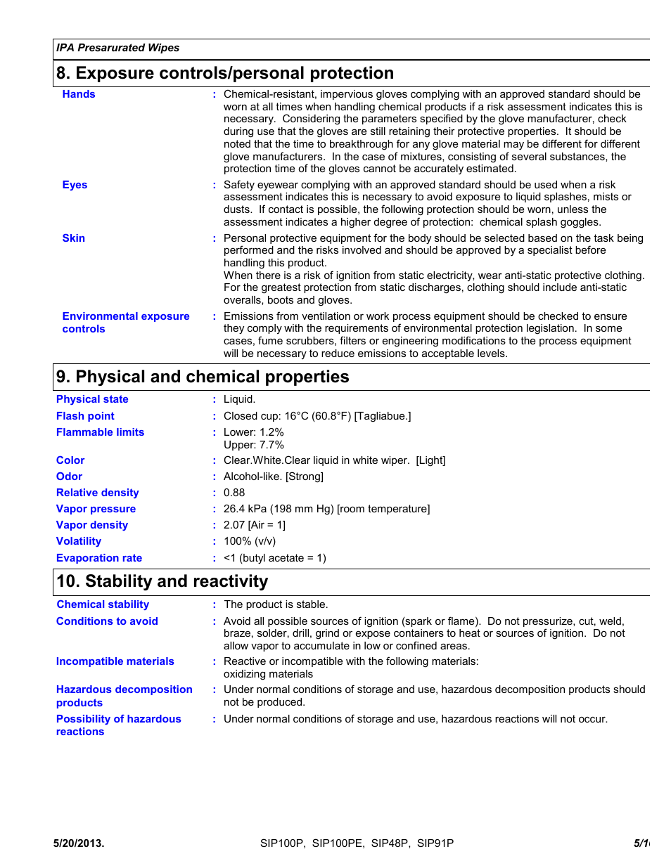 Exposure controls/personal protection, Physical and chemical properties, Stability and reactivity | Chemtronics IPA Presaturated Wipes SIP91P User Manual | Page 5 / 10