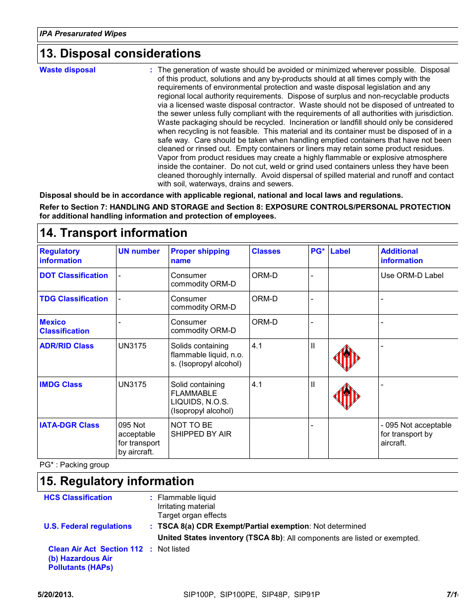 Disposal considerations, Transport information, Regulatory information | Chemtronics IPA Presaturated Wipes SIP91P User Manual | Page 7 / 10