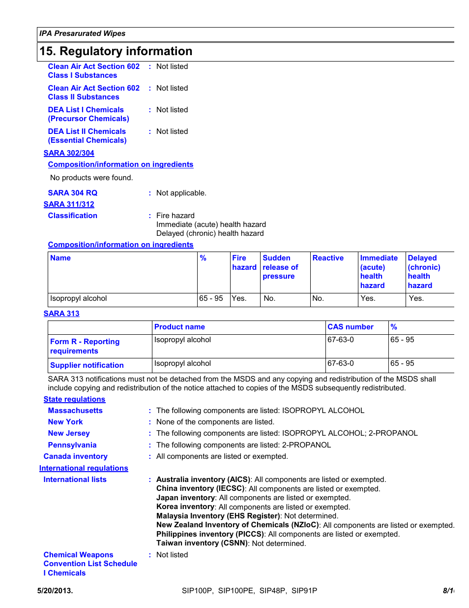 Regulatory information | Chemtronics IPA Presaturated Wipes SIP91P User Manual | Page 8 / 10