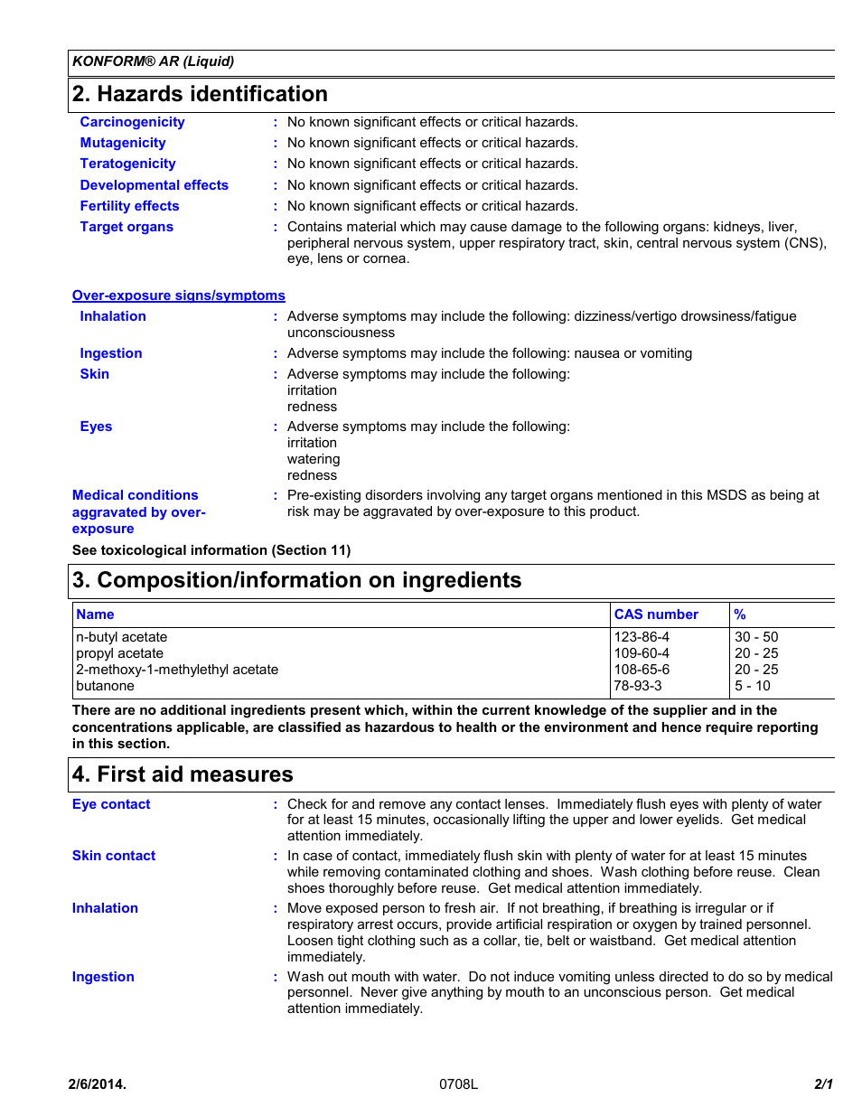 Hazards identification, Composition/information on ingredients, First aid measures | Chemtronics Konform AR CTAR1 User Manual | Page 2 / 11