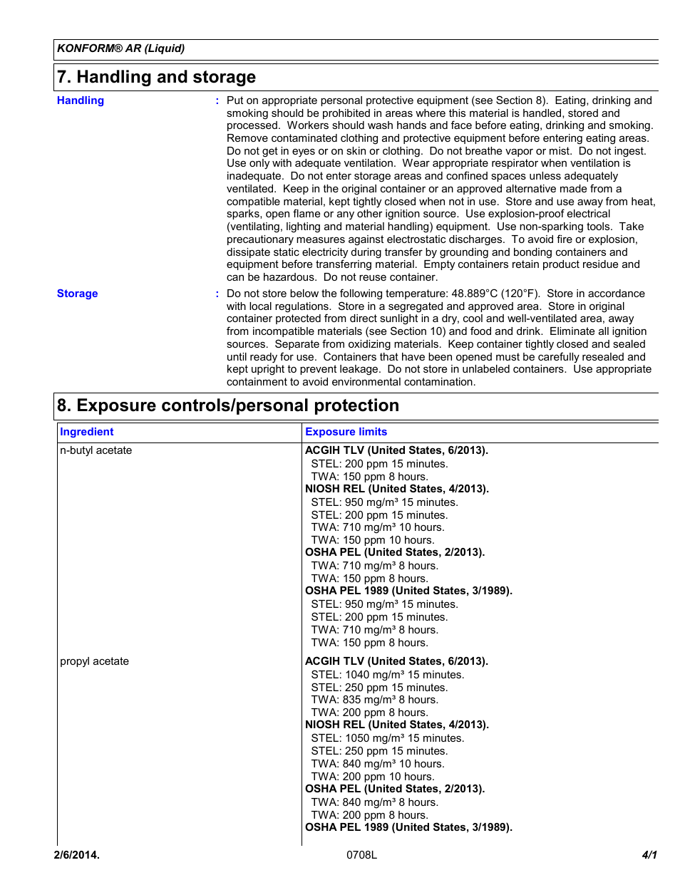 Handling and storage, Exposure controls/personal protection | Chemtronics Konform AR CTAR1 User Manual | Page 4 / 11