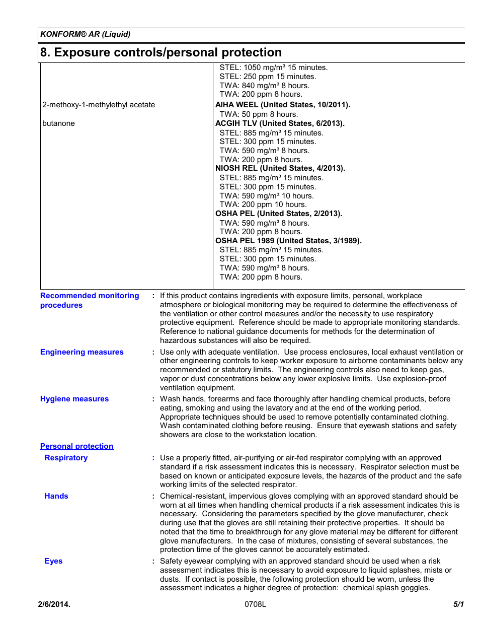 Exposure controls/personal protection | Chemtronics Konform AR CTAR1 User Manual | Page 5 / 11