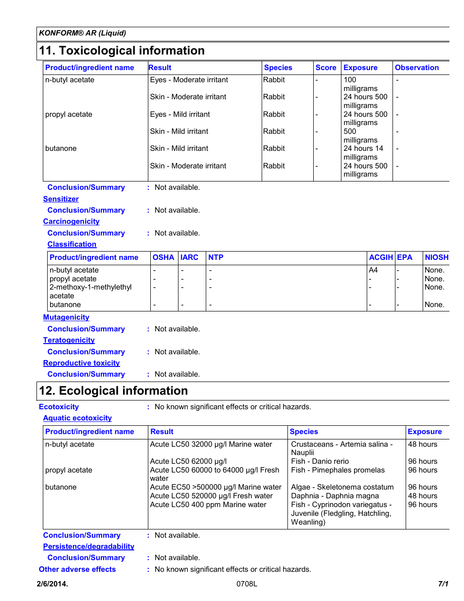 Toxicological information, Ecological information | Chemtronics Konform AR CTAR1 User Manual | Page 7 / 11