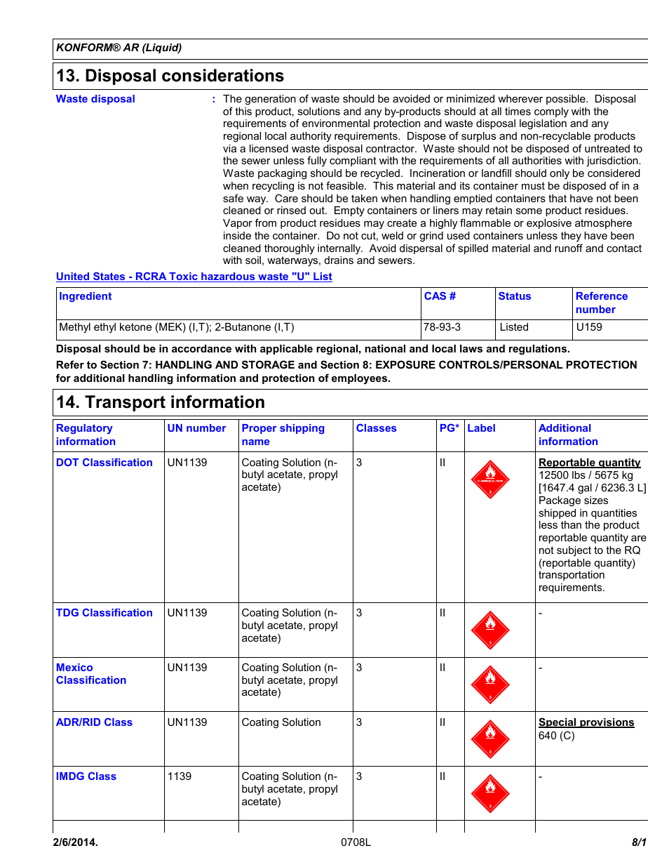 Disposal considerations, Transport information | Chemtronics Konform AR CTAR1 User Manual | Page 8 / 11