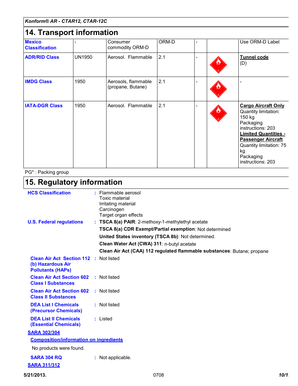 Transport information, Regulatory information | Chemtronics Konform AR CTAR-12 User Manual | Page 10 / 13