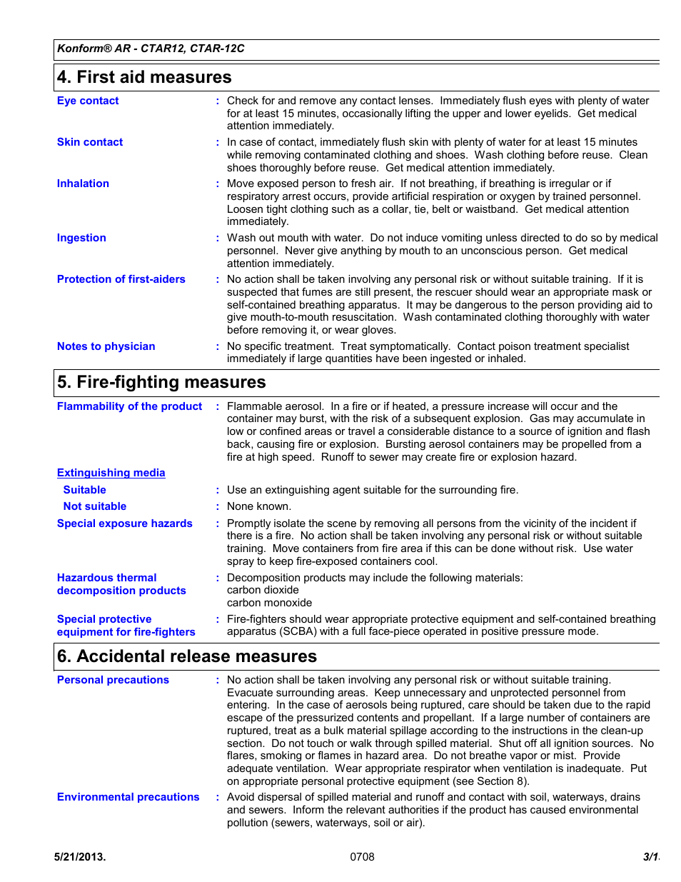 First aid measures, Fire-fighting measures, Accidental release measures | Chemtronics Konform AR CTAR-12 User Manual | Page 3 / 13