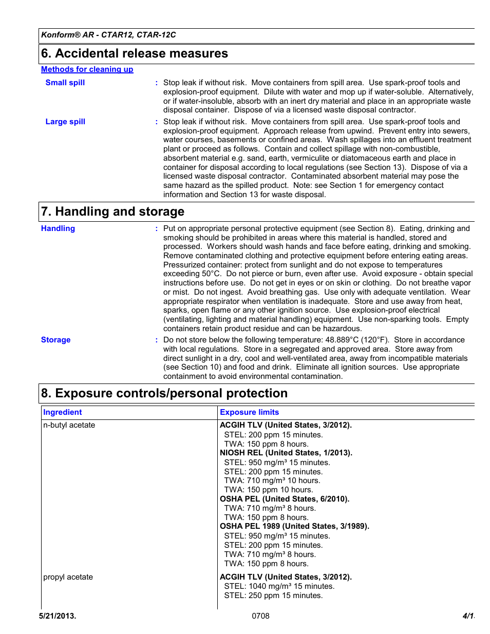 Accidental release measures, Handling and storage, Exposure controls/personal protection | Chemtronics Konform AR CTAR-12 User Manual | Page 4 / 13