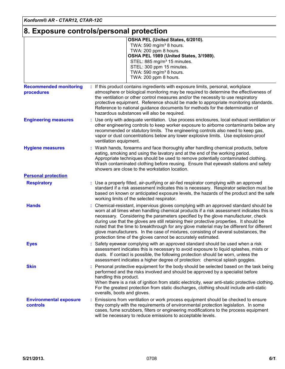 Exposure controls/personal protection | Chemtronics Konform AR CTAR-12 User Manual | Page 6 / 13
