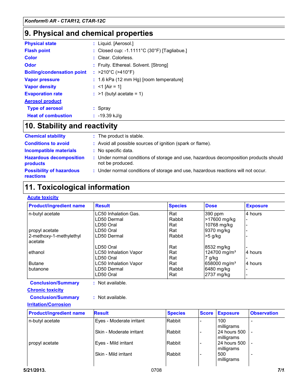 Physical and chemical properties, Stability and reactivity, Toxicological information | Chemtronics Konform AR CTAR-12 User Manual | Page 7 / 13
