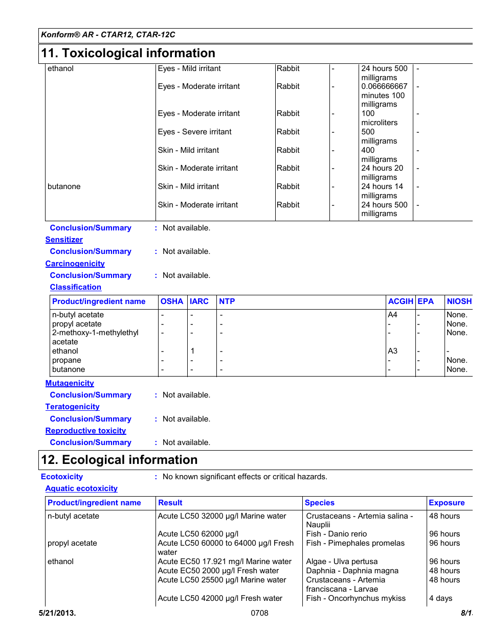 Toxicological information, Ecological information | Chemtronics Konform AR CTAR-12 User Manual | Page 8 / 13