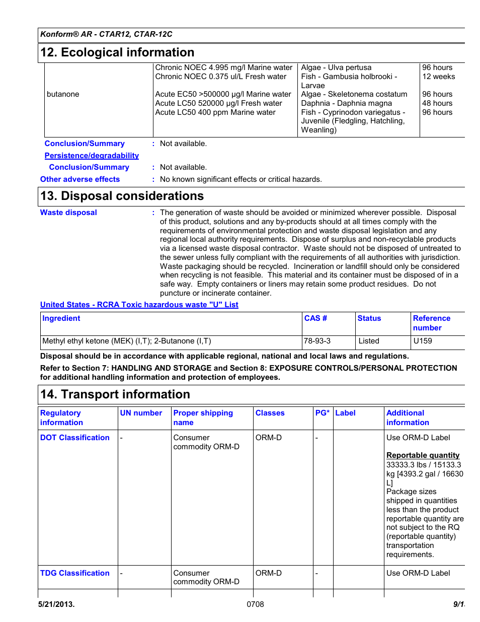 Ecological information, Disposal considerations, Transport information | Chemtronics Konform AR CTAR-12 User Manual | Page 9 / 13