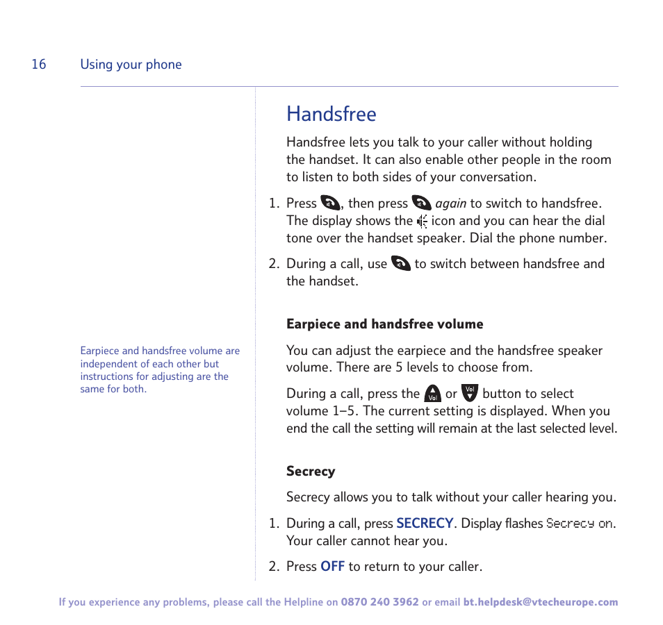 Handsfree | BT FREESTYLE 7150 User Manual | Page 16 / 80